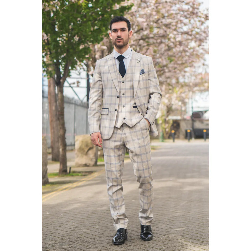 WARWICK - MEN'S 3 PIECE BEIGE CHECKED SUIT