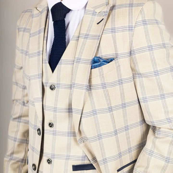 WARWICK - MEN'S 3 PIECE BEIGE CHECKED SUIT