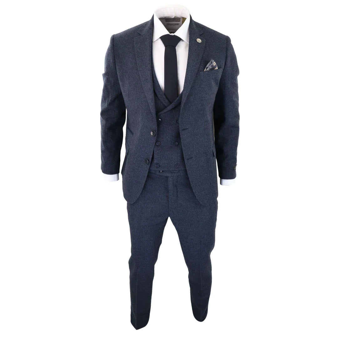 Mens Blue Herringbone Tweed 3 Piece Suit