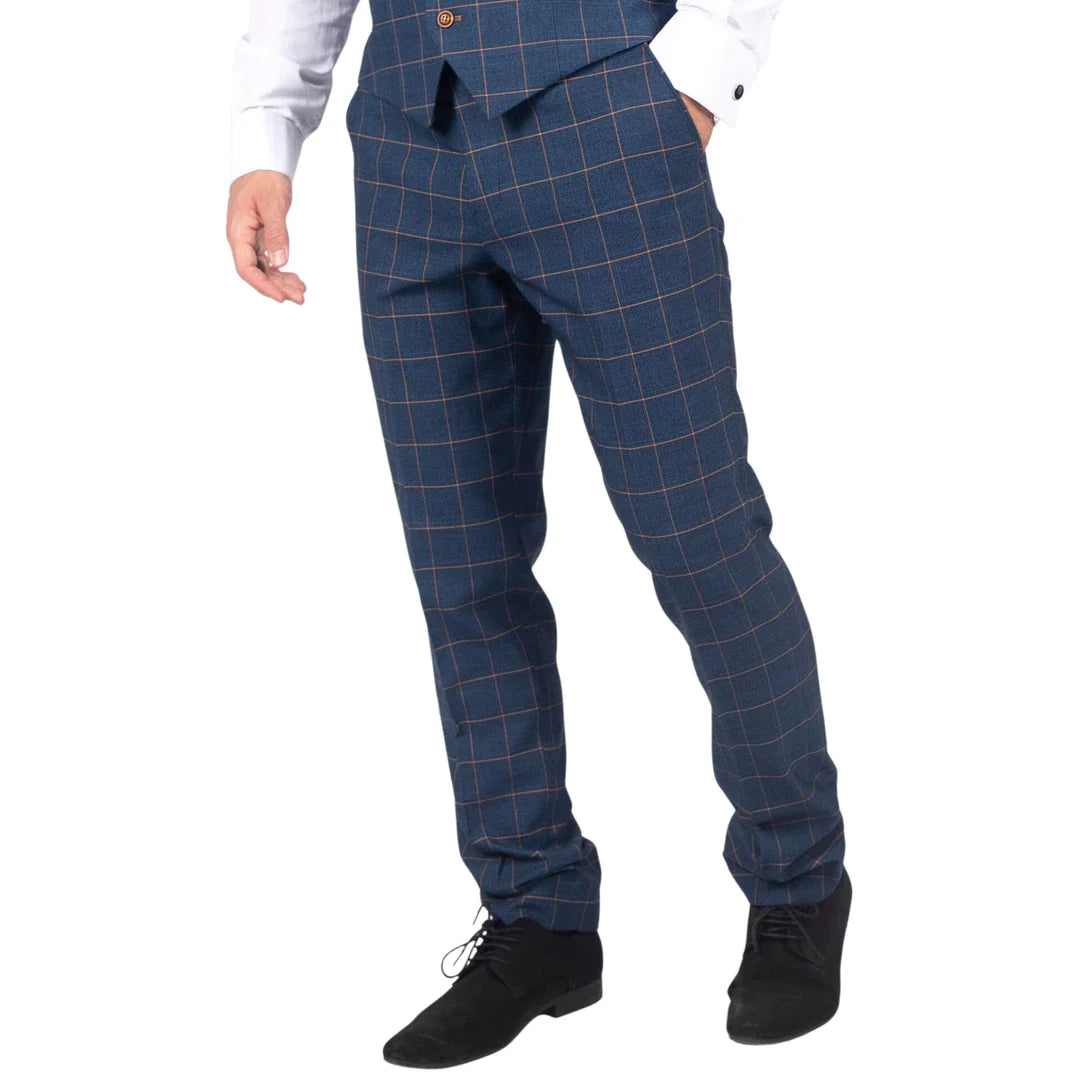 Mens Trousers Blue Orange Check Suit Retro Smart Tailored Fit Vintage