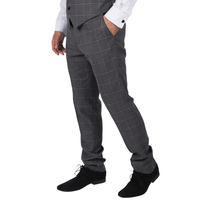 Mens Grey Check Trousers Vintage Retro Smart Wedding Classic Tailored Fit Light