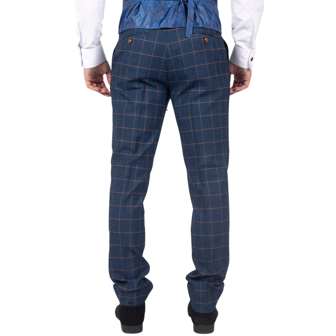 Mens Trousers Blue Orange Check Suit Retro Smart Tailored Fit Vintage