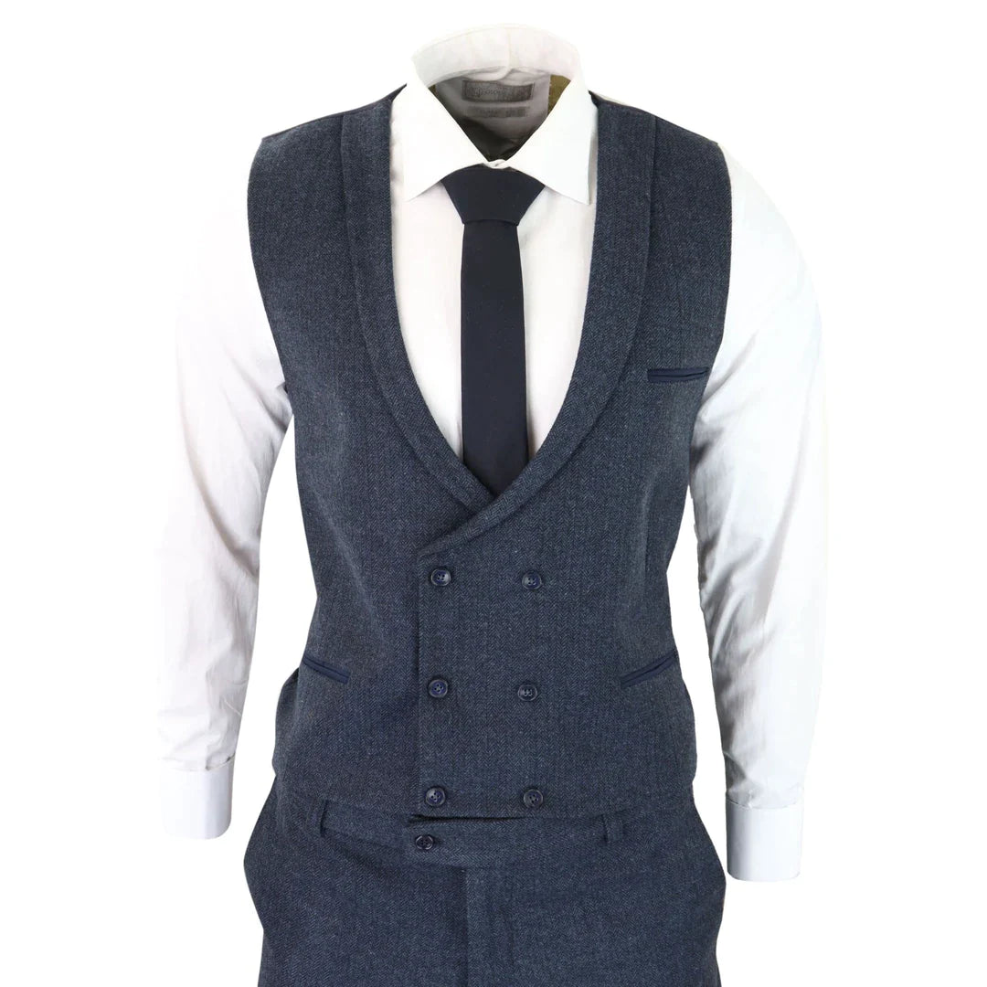 Mens Blue Herringbone Tweed 3 Piece Suit