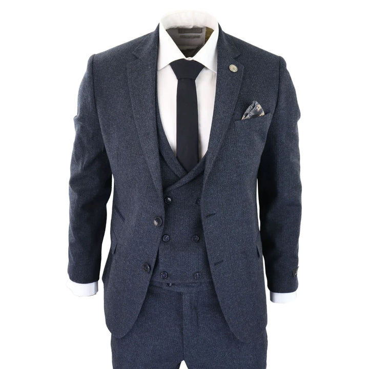 Mens Blue Herringbone Tweed 3 Piece Suit