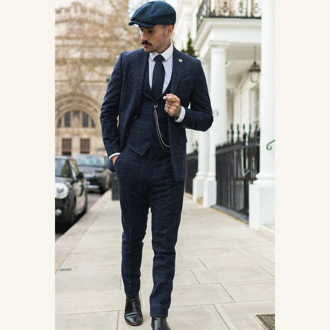 Tru Clothing - 3 Piece Tweed Navy Suit with Blue Brown Check