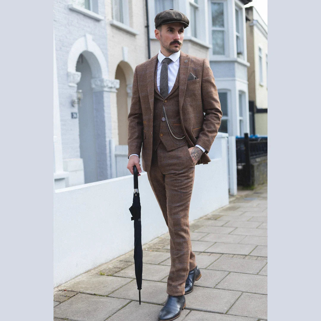 Tru Clothing 3 Piece Brown Tweed Suit with Blue Check