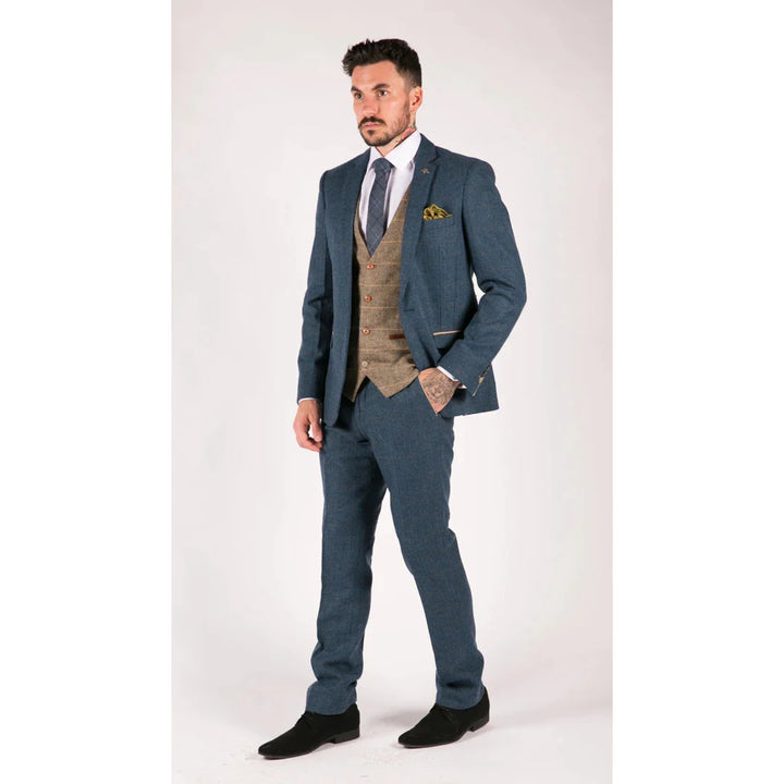 Marc Darcy Dion - Mens Blue Tan Brown 3 Piece Herringbone Tweed Check Vintage Tailored Fit Suit
