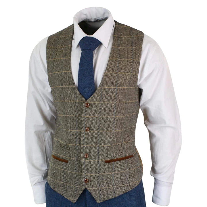 Marc Darcy Dion - Mens Blue Tan Brown 3 Piece Herringbone Tweed Check Vintage Tailored Fit Suit