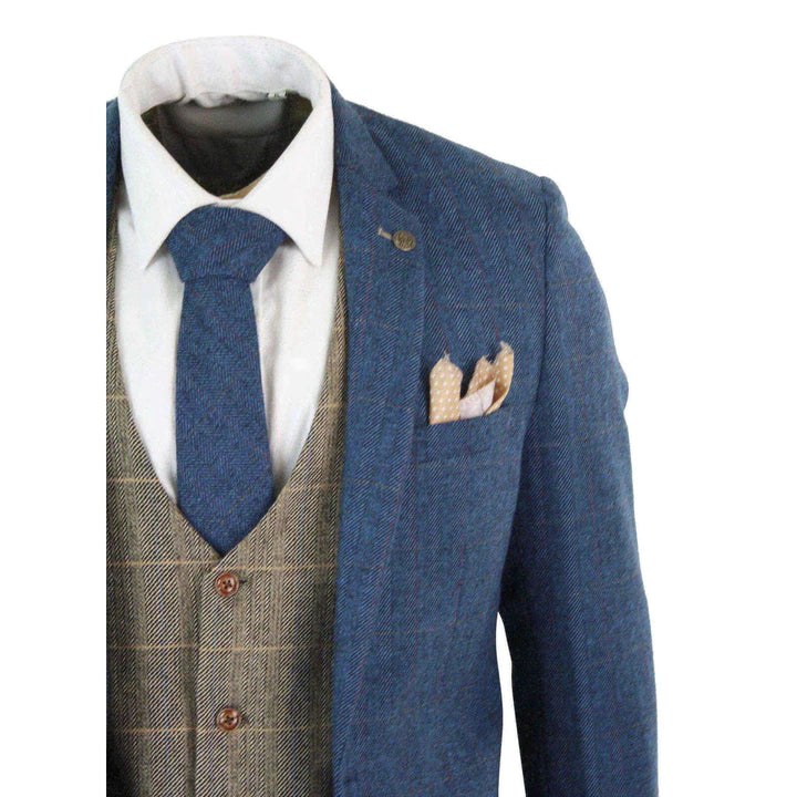 Marc Darcy Dion - Mens Blue Tan Brown 3 Piece Herringbone Tweed Check Vintage Tailored Fit Suit