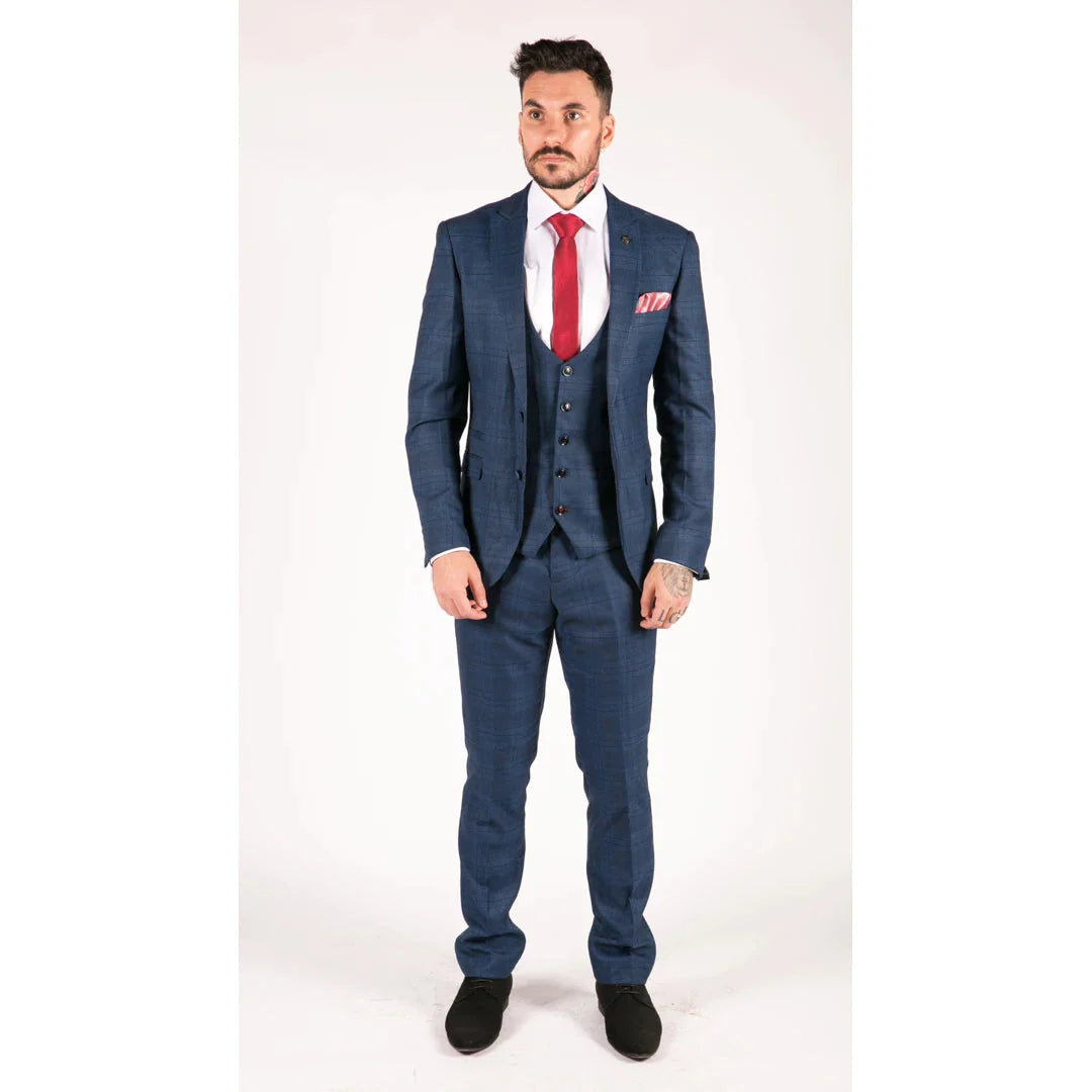 Marc Darcy Jerry - Blue 3 Piece Check Suit