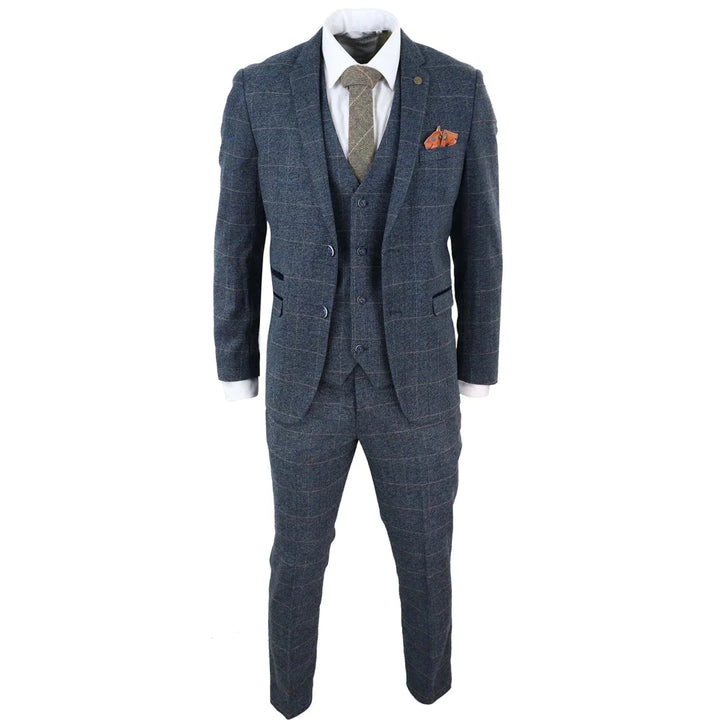 Marc Darcy Scott - Mens Blue With Tan Check 3 Piece Suit