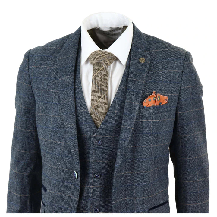 Marc Darcy Scott - Mens Blue With Tan Check 3 Piece Suit