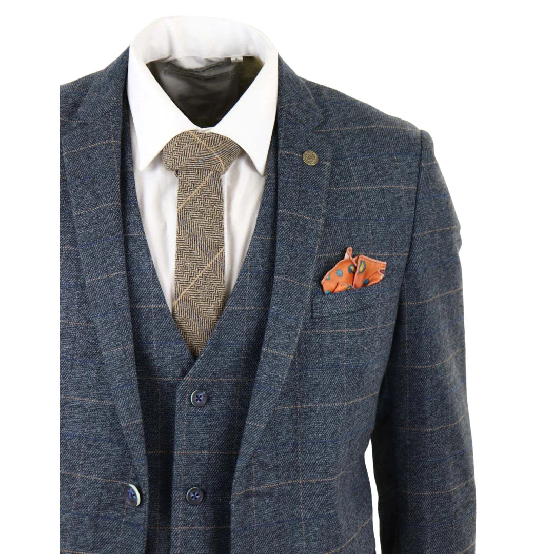 Marc Darcy Scott - Mens Blue With Tan Check 3 Piece Suit