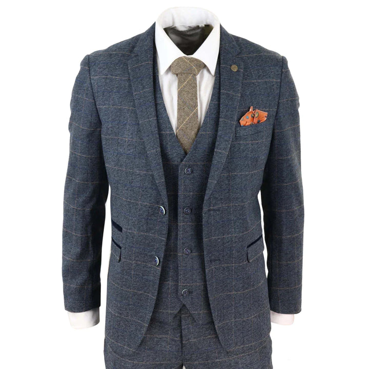 Marc Darcy Scott - Mens Blue With Tan Check 3 Piece Suit