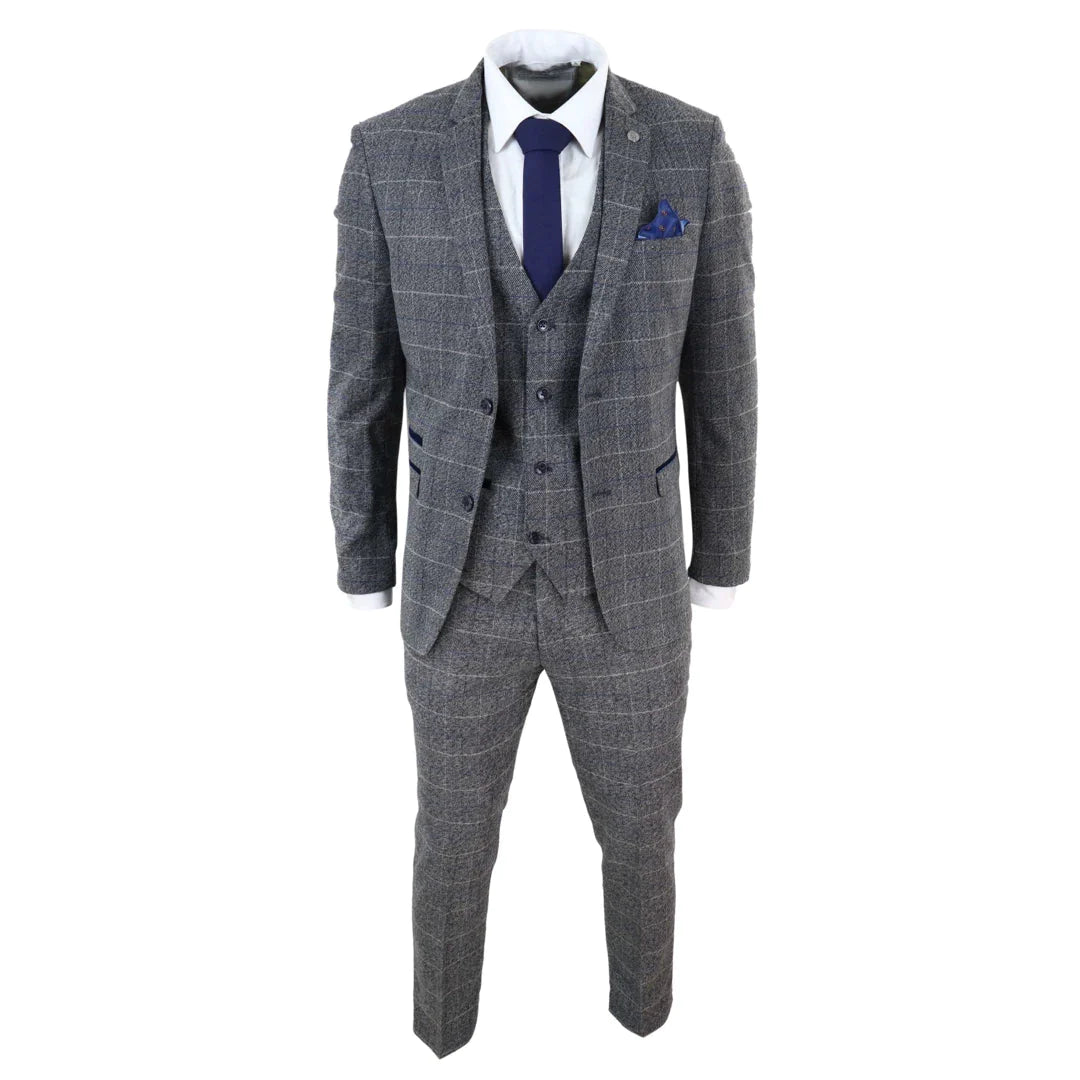 Marc Darcy Scott - Mens Grey With Blue Check 3 Piece Suit