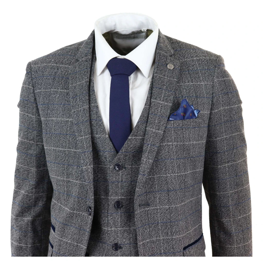 Marc Darcy Scott - Mens Grey With Blue Check 3 Piece Suit