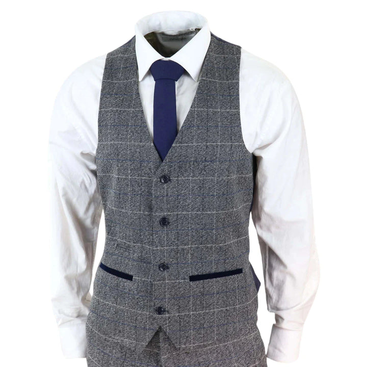 Marc Darcy Scott - Mens Grey With Blue Check 3 Piece Suit