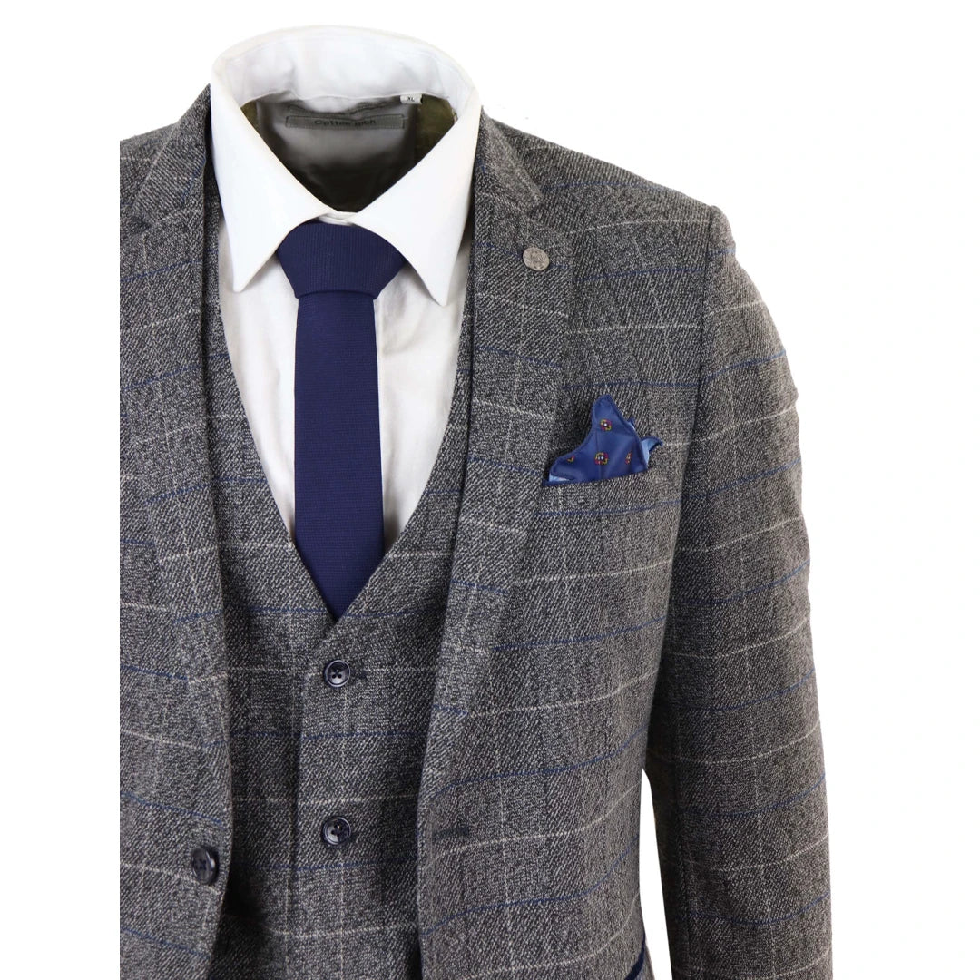 Marc Darcy Scott - Mens Grey With Blue Check 3 Piece Suit