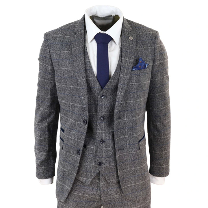 Marc Darcy Scott - Mens Grey With Blue Check 3 Piece Suit