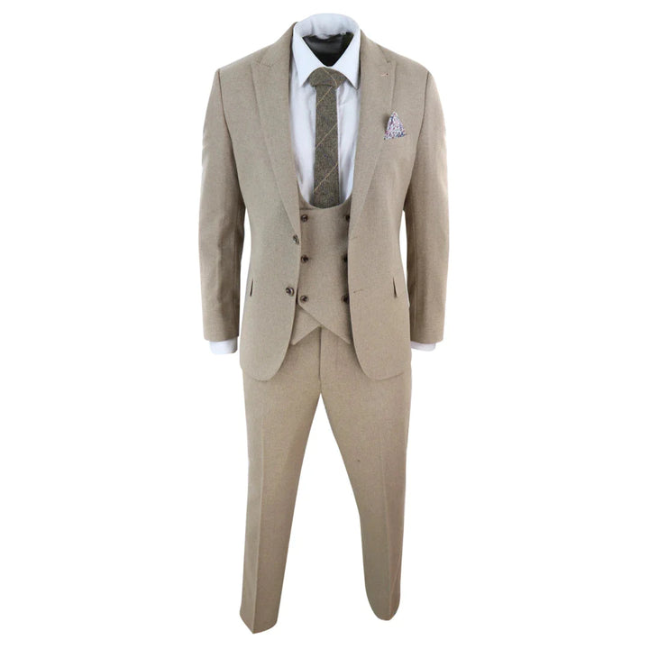 Harry Brown - Men Wool 3 Piece Tan Suit with Double Breasted Waistcoat