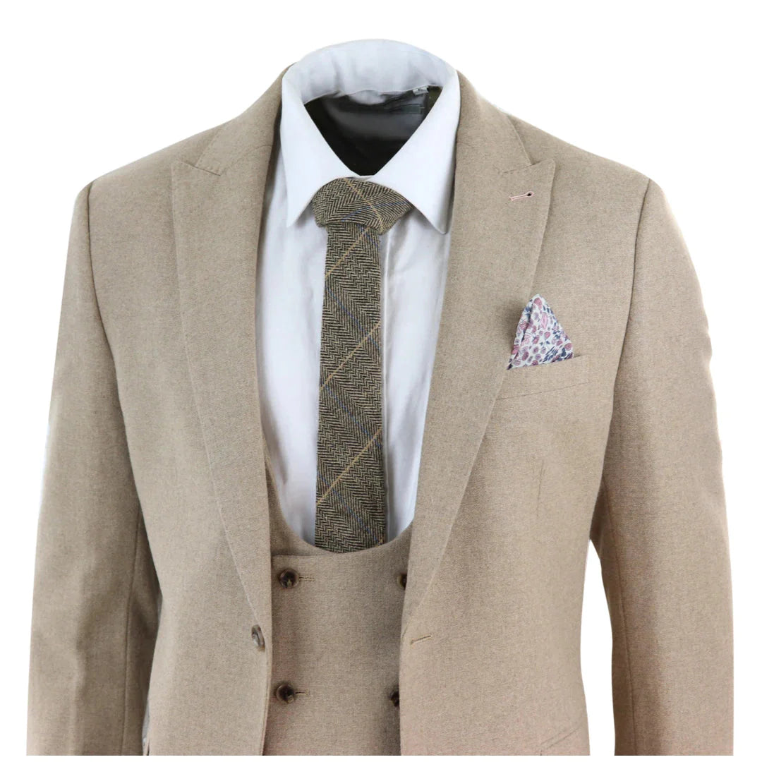 Harry Brown - Men Wool 3 Piece Tan Suit with Double Breasted Waistcoat