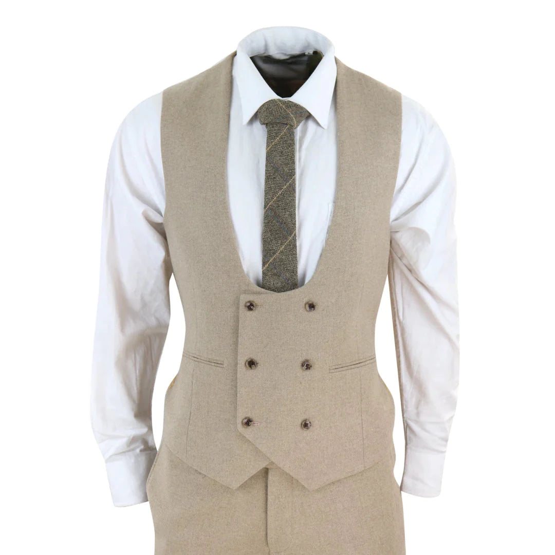 Harry Brown - Men Wool 3 Piece Tan Suit with Double Breasted Waistcoat