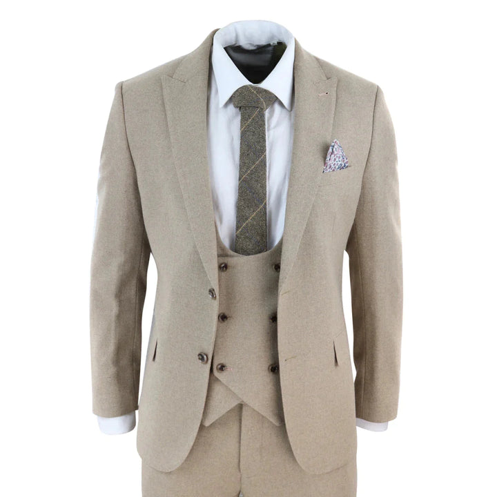 Harry Brown - Men Wool 3 Piece Tan Suit with Double Breasted Waistcoat