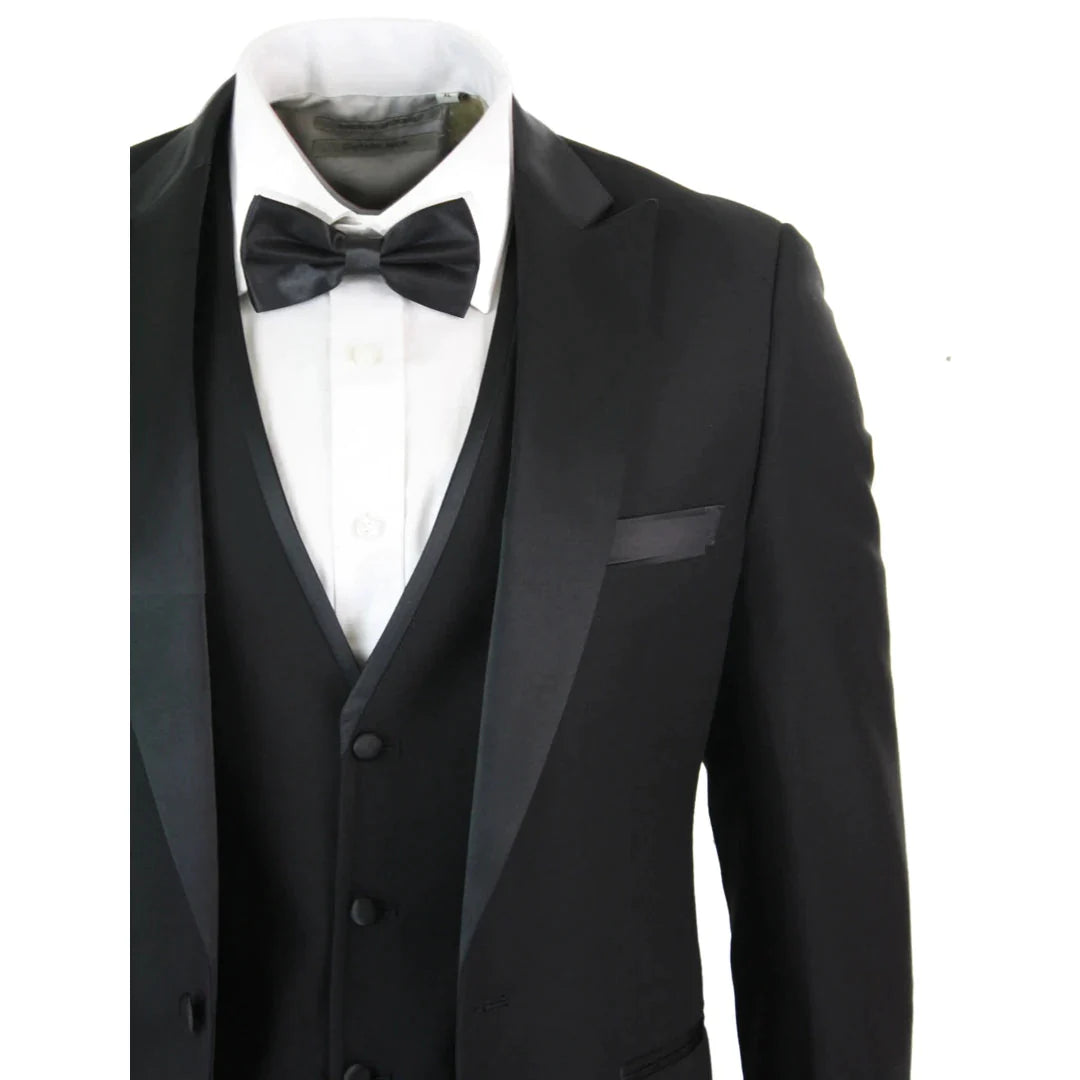 Mens 3 Piece Black Classic Satin Tuxedo