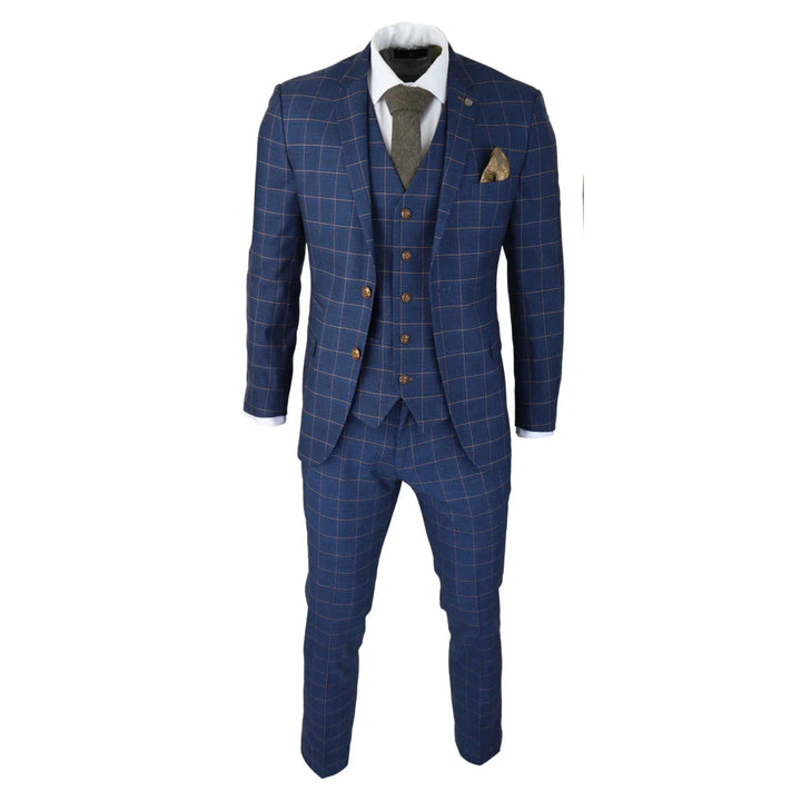 Paul Andrew - Mens 3 Piece Blue Orange Check Suit