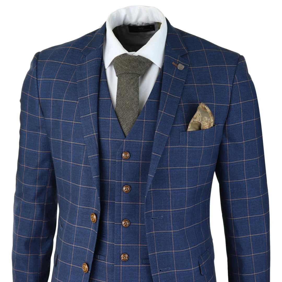 Paul Andrew - Mens 3 Piece Blue Orange Check Suit