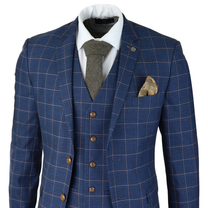 Paul Andrew - Mens 3 Piece Blue Orange Check Suit