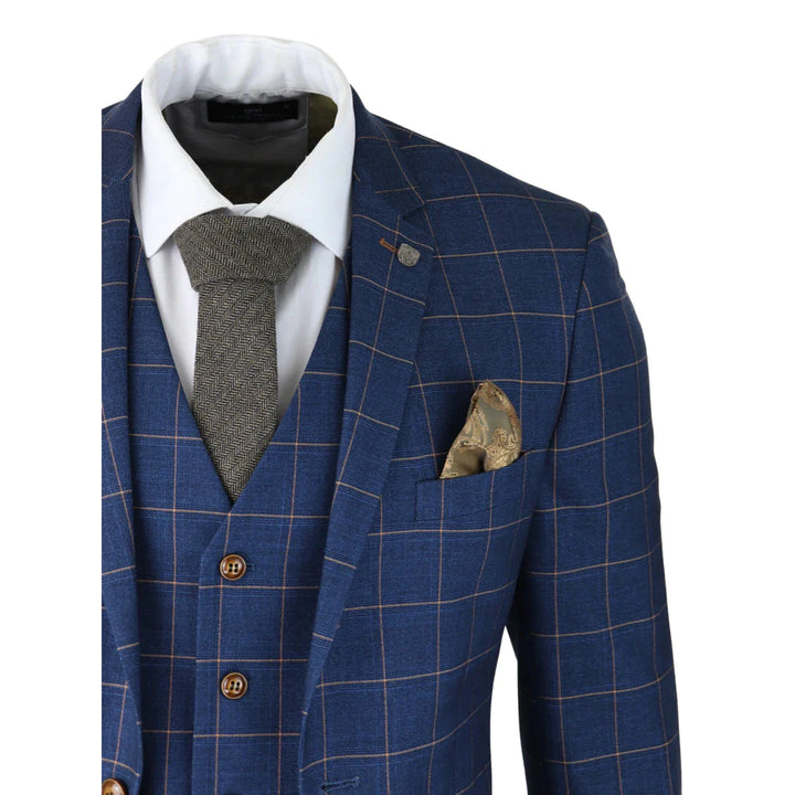 Paul Andrew - Mens 3 Piece Blue Orange Check Suit