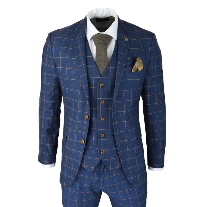 Paul Andrew - Mens 3 Piece Blue Orange Check Suit