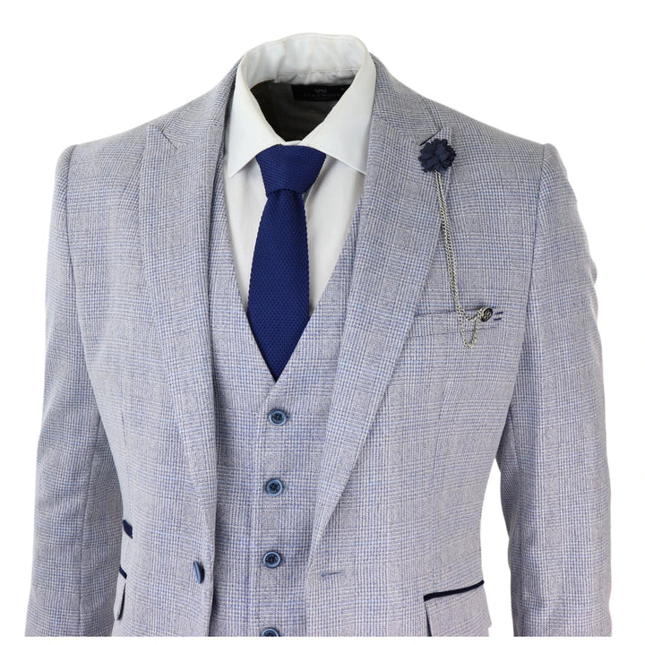 Cavani - 3 Piece Light Blue Check Suit