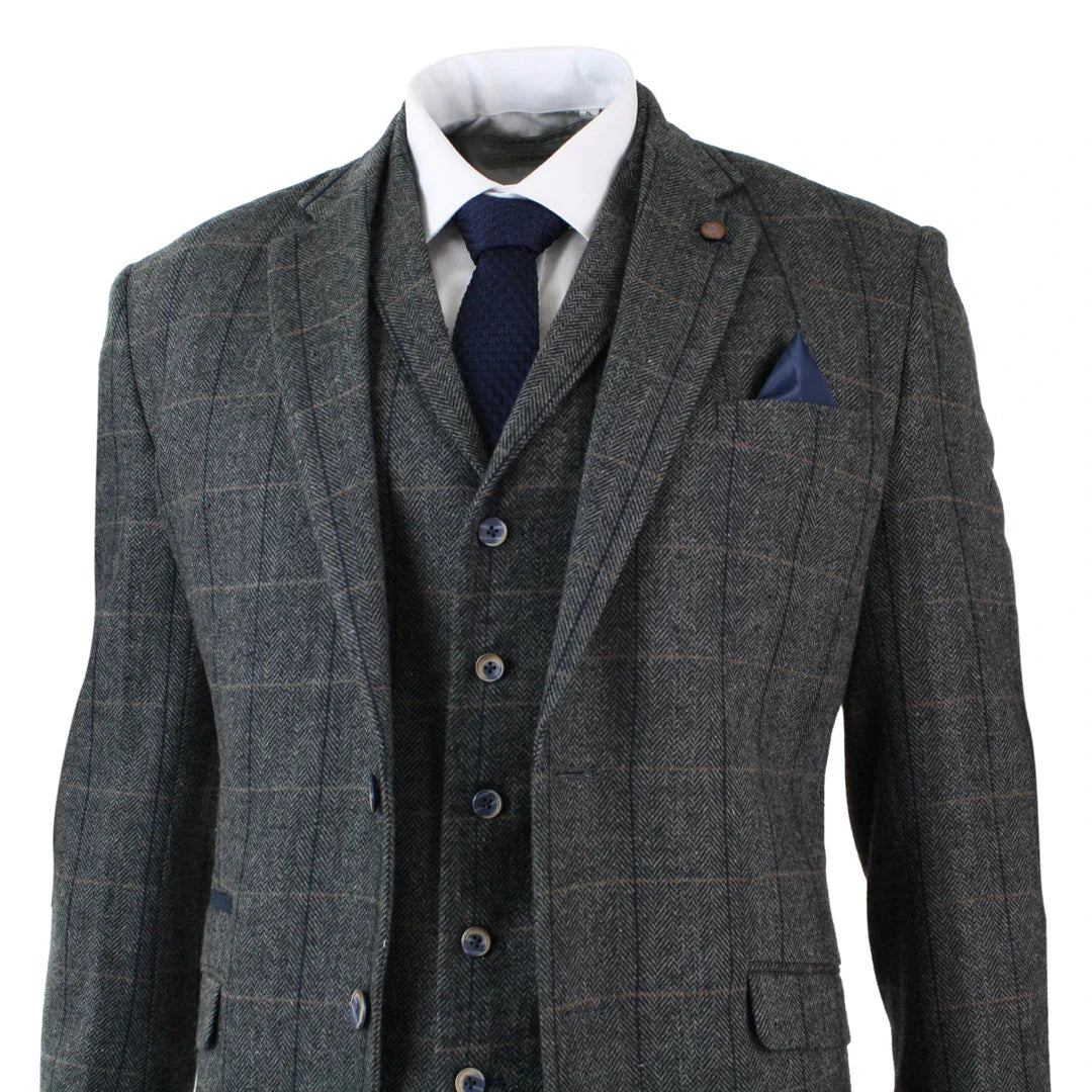 Cavani - 3 Piece Tweed Charcoal Grey & Navy Suit Vintage