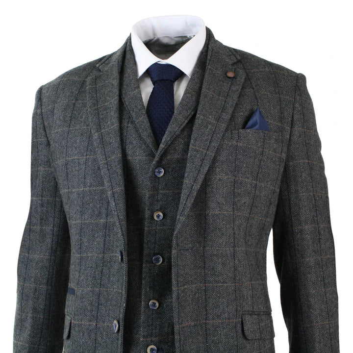 Cavani - 3 Piece Tweed Charcoal Grey & Navy Suit Vintage