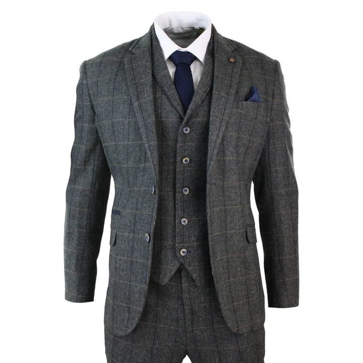 Cavani - 3 Piece Tweed Charcoal Grey & Navy Suit Vintage