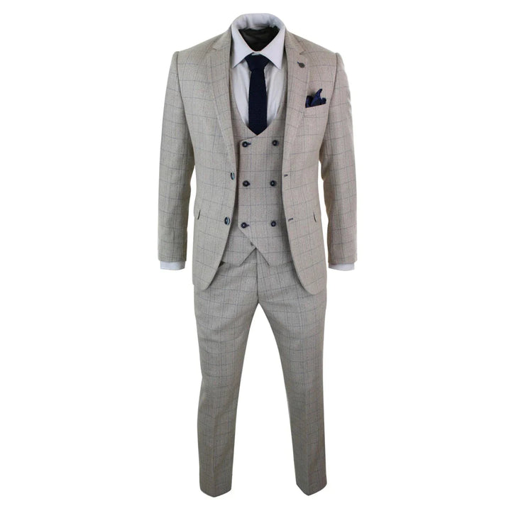 Marc Darcy - 3 Piece Cream Suit with Blue Check Stitching