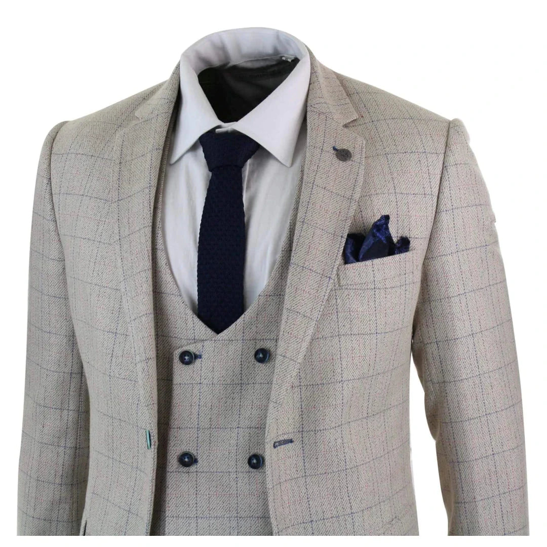 Marc Darcy - 3 Piece Cream Suit with Blue Check Stitching