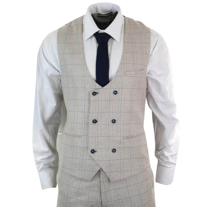 Marc Darcy - 3 Piece Cream Suit with Blue Check Stitching