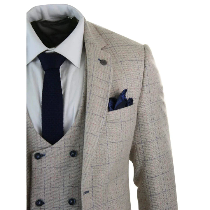 Marc Darcy - 3 Piece Cream Suit with Blue Check Stitching