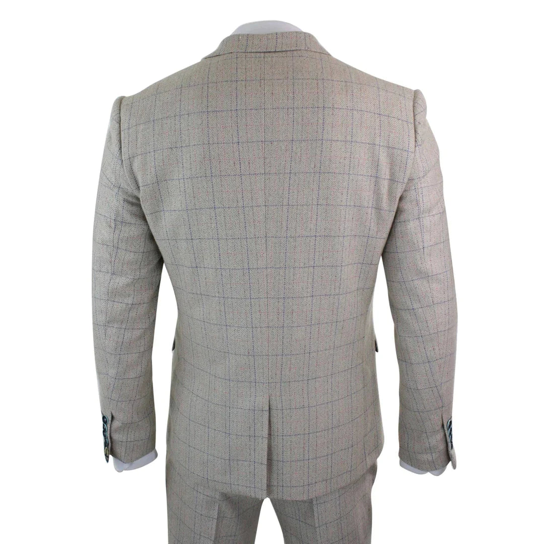 Marc Darcy - 3 Piece Cream Suit with Blue Check Stitching