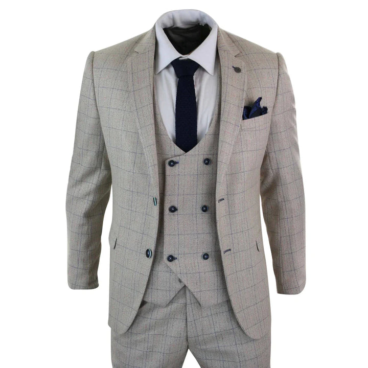 Marc Darcy - 3 Piece Cream Suit with Blue Check Stitching