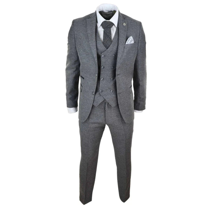 Mens 3 Piece Grey Suit With Double Breasted Waistcoat