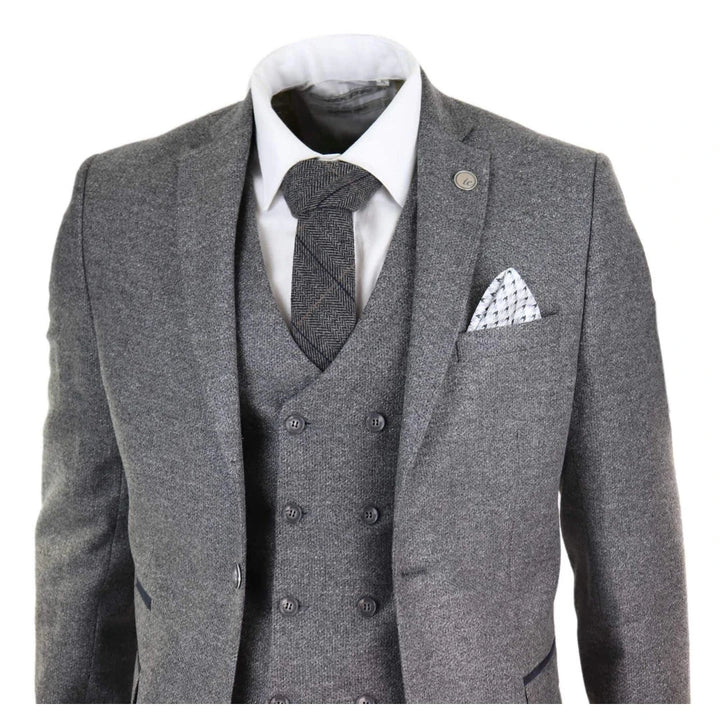 Mens 3 Piece Grey Suit With Double Breasted Waistcoat