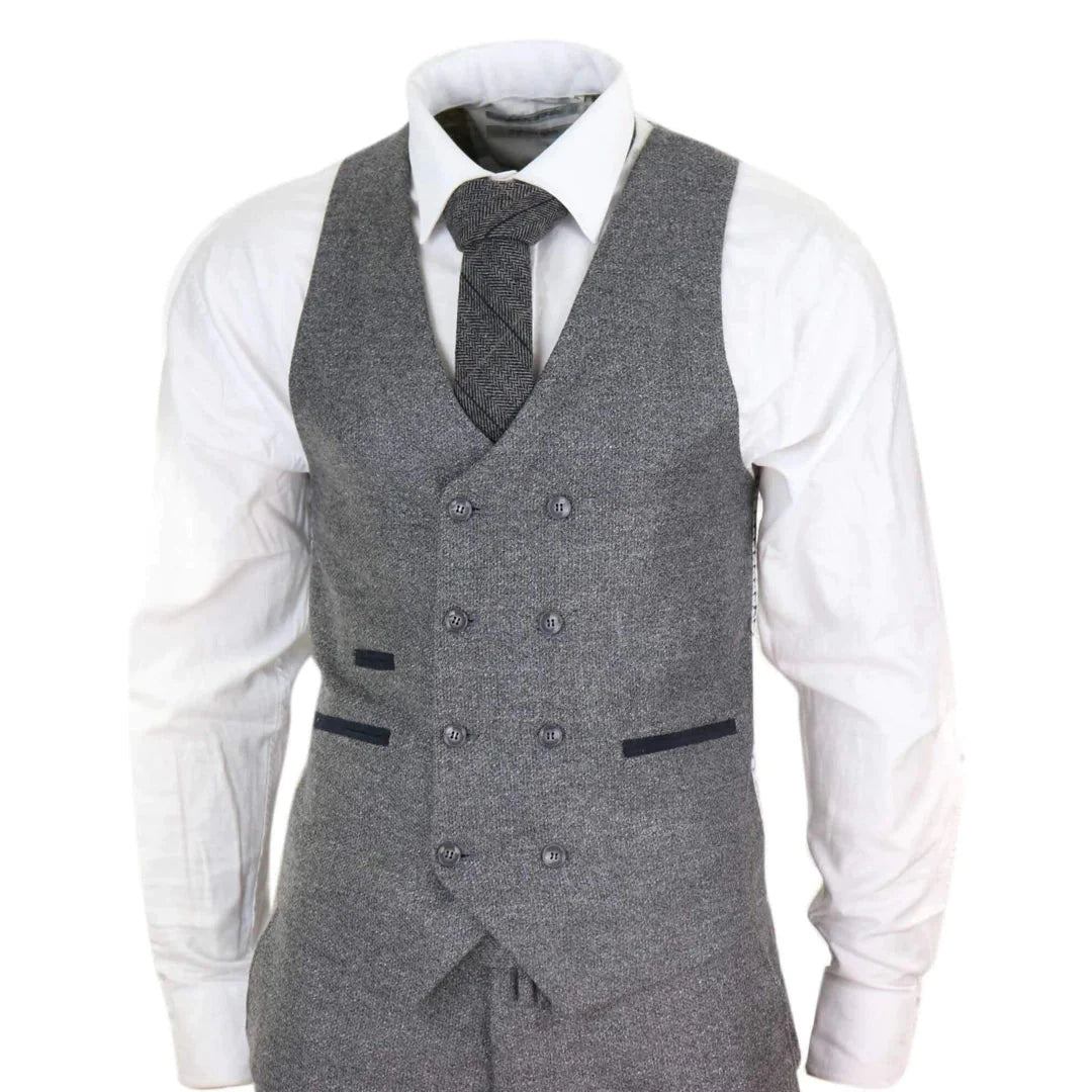 Mens 3 Piece Grey Suit With Double Breasted Waistcoat