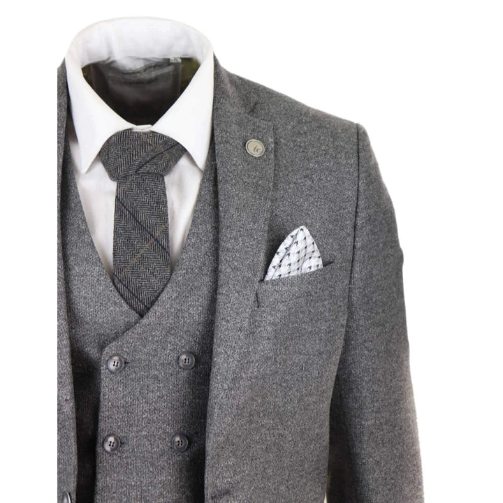 Mens 3 Piece Grey Suit With Double Breasted Waistcoat