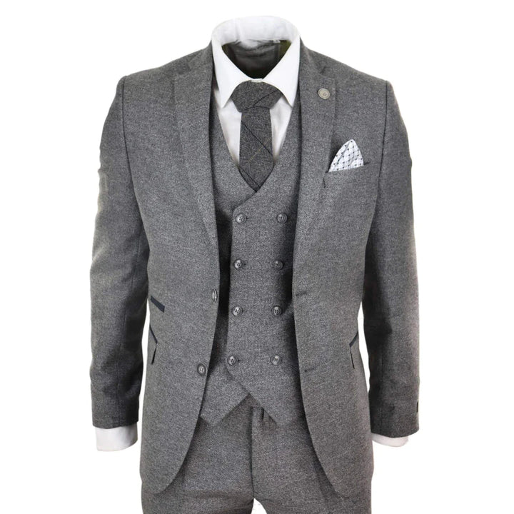 Mens 3 Piece Grey Suit With Double Breasted Waistcoat