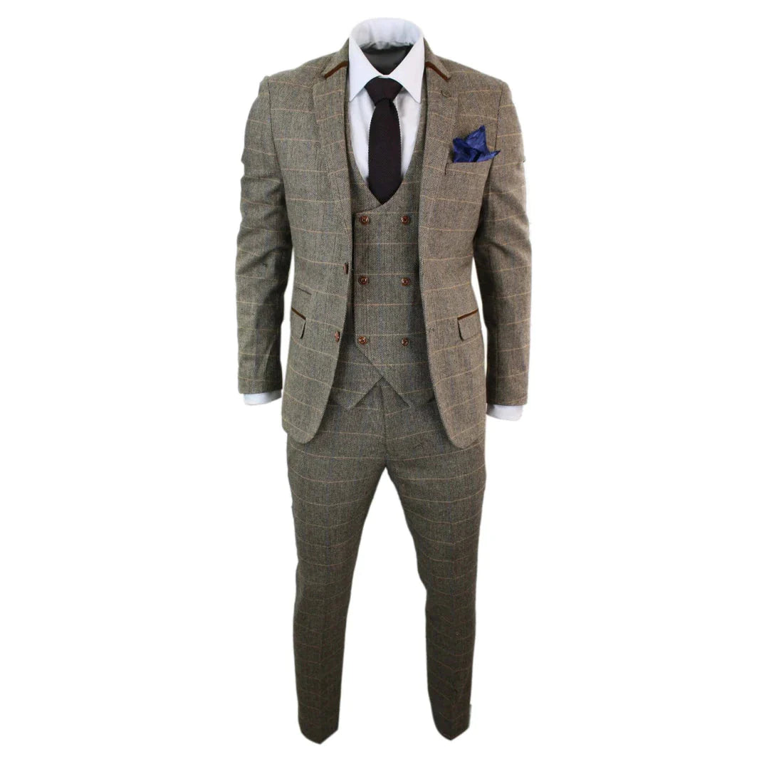 Marc Darcy - 3 Piece Brown Tweed Suit With Double Breasted Waiscoat