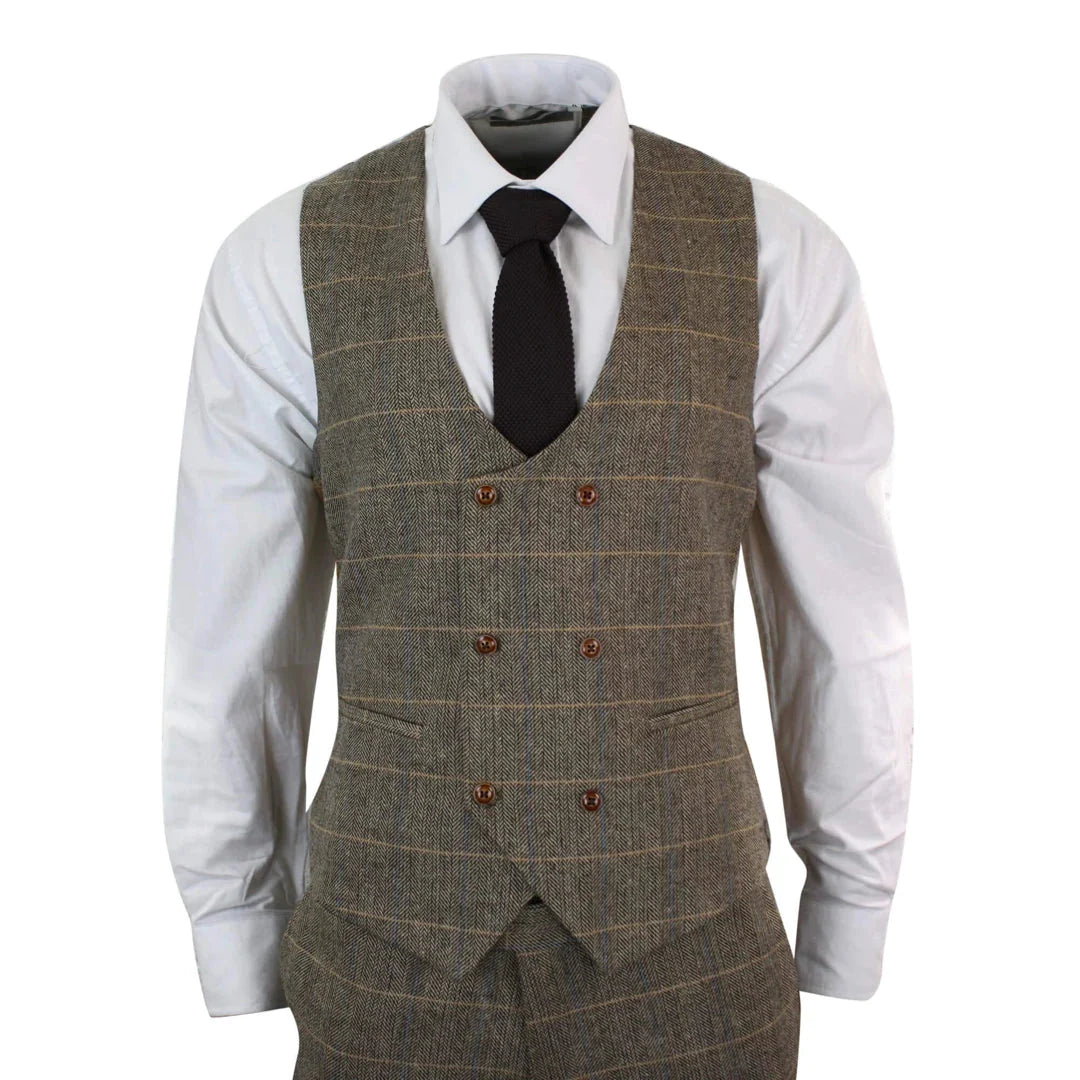 Marc Darcy - 3 Piece Brown Tweed Suit With Double Breasted Waiscoat